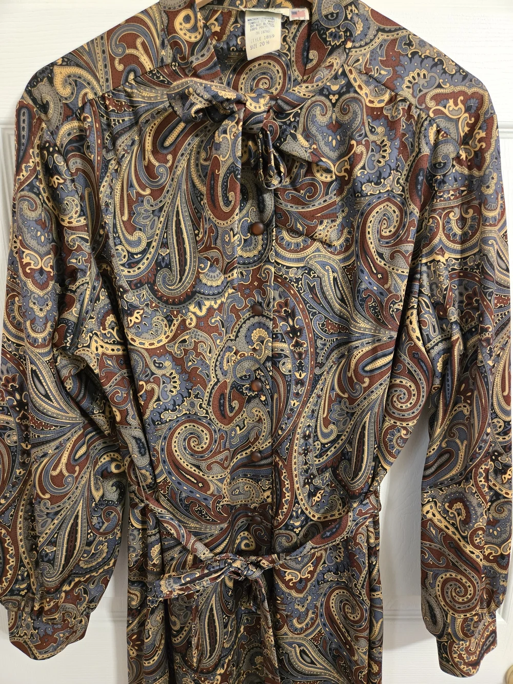 Vintage Brown And Grey Paisley Tie-Neck Long Sleeve Dress  Size 20 Made In USA - Picture 2 of 9